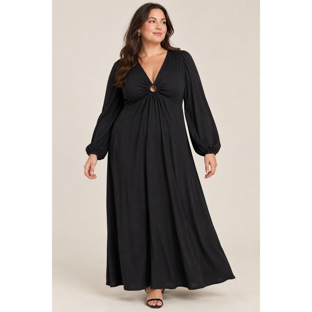 NWT Boden Maxi Dress Women 20/22R Black Ring Detail V-Neck Bishop Sleeve Boho
